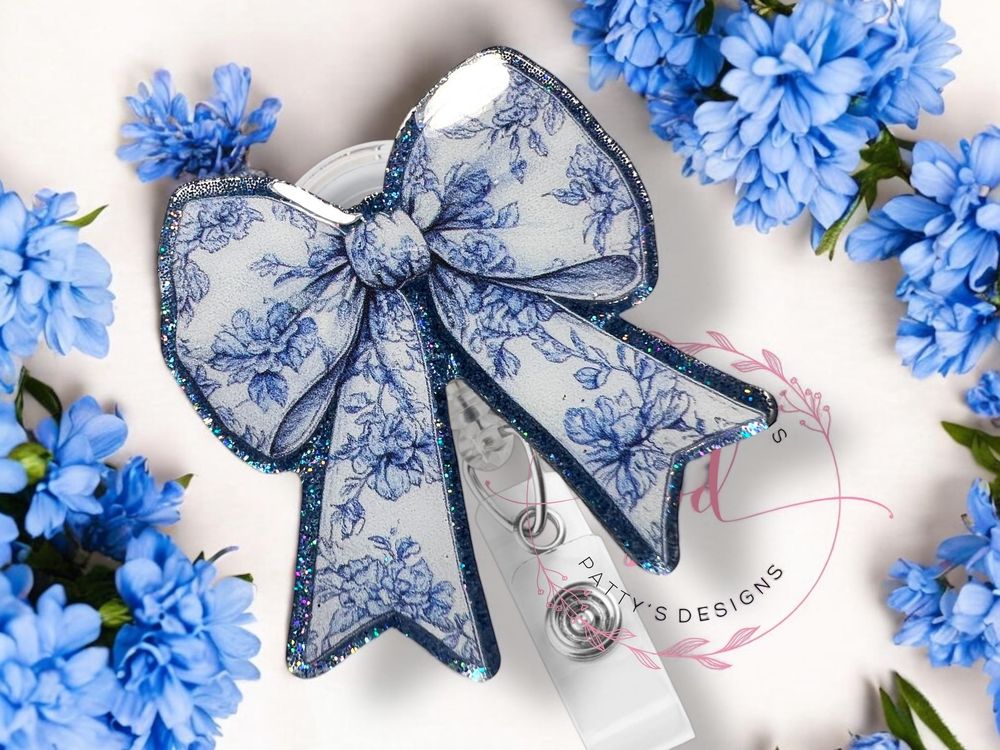 Blue Floral Bow Badge Reel