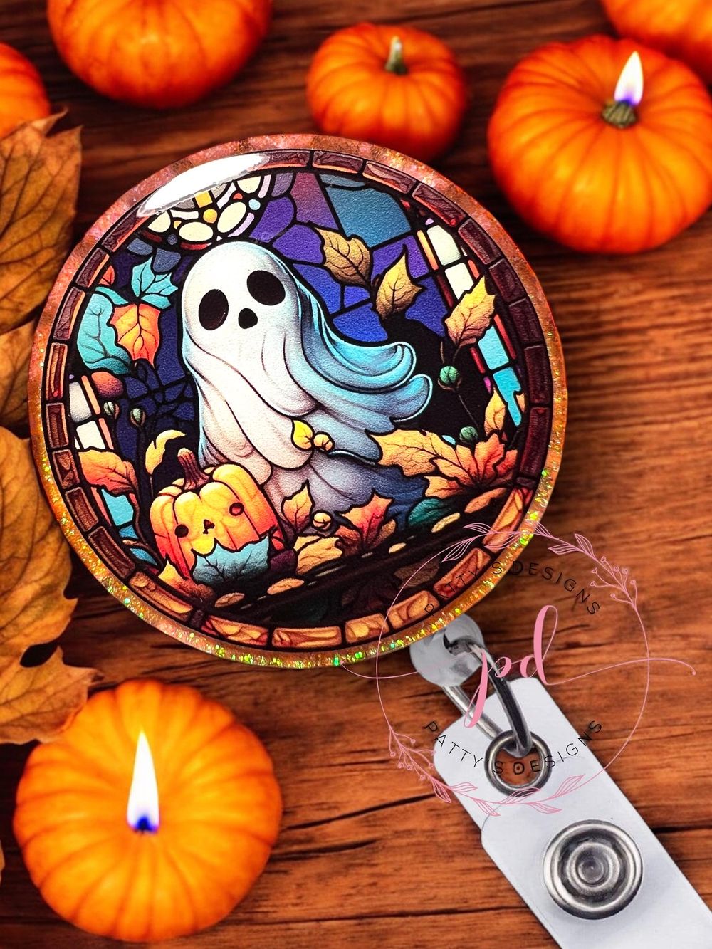 Mosaic, Stained Glass Ghost Badge Reel, Badge Holder, ID Holder