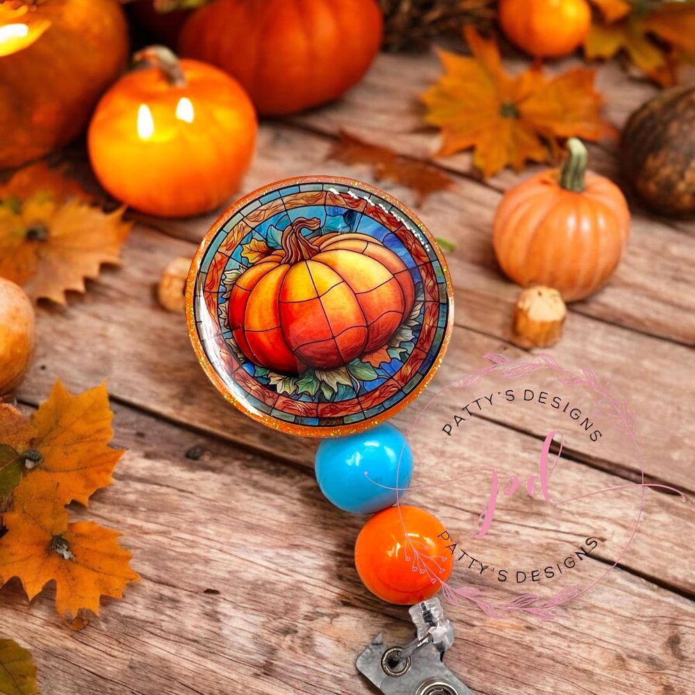 Mosaic, Stained Glass Pumpkin Belt Clip Beaded Badge Reel, Badge Holder, ID Holder