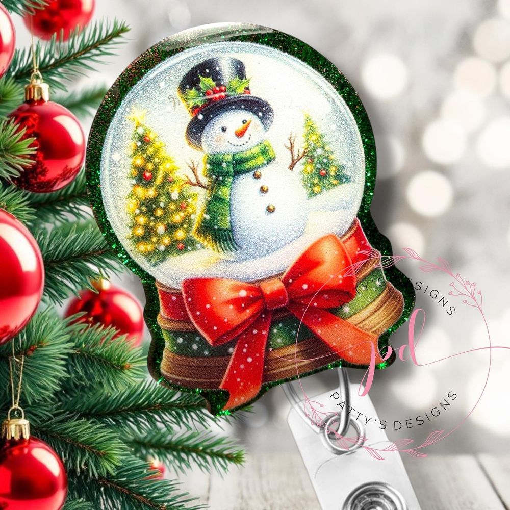 Snowman Snow Globe Badge Reel, Badge Holder, ID Holder, Chri...