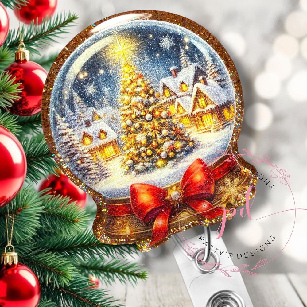Christmas Tree Snow Globe Badge Reel, Badge Holder, ID Holde...